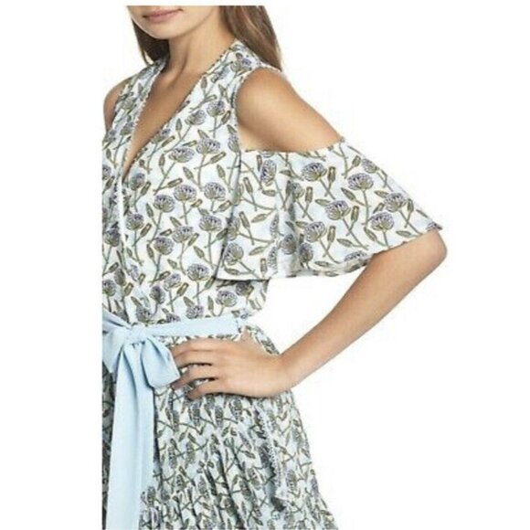 FOXIEDOX‎ LEXIE COLD SHOULDER WRAP DRESS BLUE MULTI COLOR TIE NEW SZ S - Picture 7 of 12